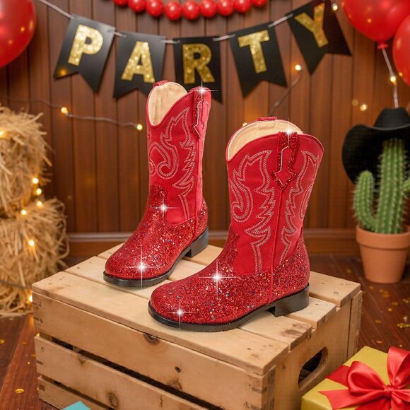 Unisex Child Red Mid Calf Glitter Toddler Cowboy Boot Little Big Kids Western - Picture 4 of 8